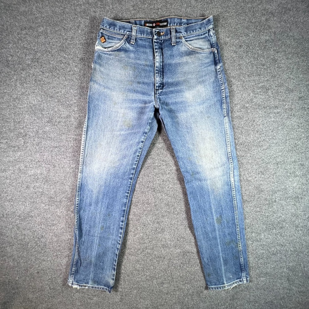 Wrangler FR13MWZ Jeans Men's 35x36 Blue Cotton Denim Straight Faded Workwear